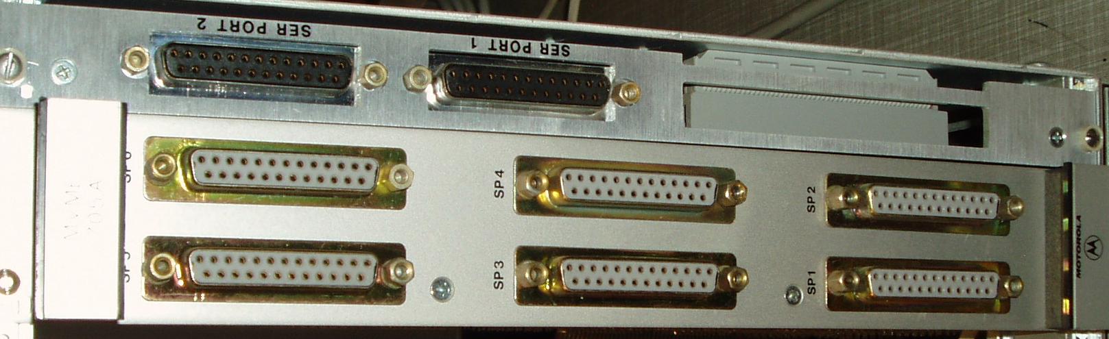 Backplane of an MVME131XT system with 8 serial ports, all DB25F
